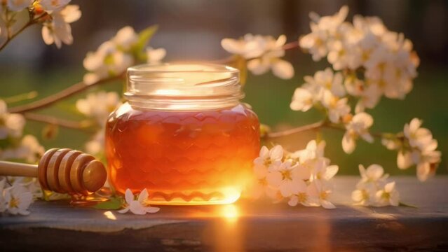 Cherry blossom backdrop enhances honey, nature's beauty and sweetness in harmony