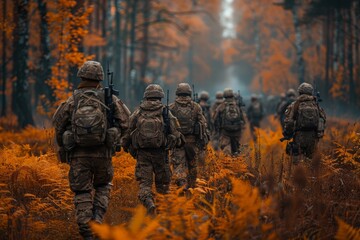 A squadron of soldiers marching in uniform through an autumnal forest, illustrating teamwork and tactical deployment