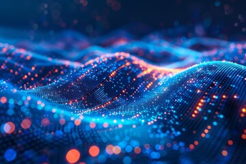 An animated depiction of an advanced grid, showcasing pixelated information moving within a colorful blue range, symbolizing the contemporary design of technology systems and digitization designed.