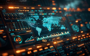 Obraz premium An innovative financial display, featuring real-time stock market data, foreign exchange rates, and economic predictions across the world Developed with advanced financial dashboard, luminous.