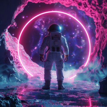Astronaut in a suit observing a portal-style neon circle in space with neon clouds in high resolution and high quality. concept wallpaper, astronaut,neon,portal