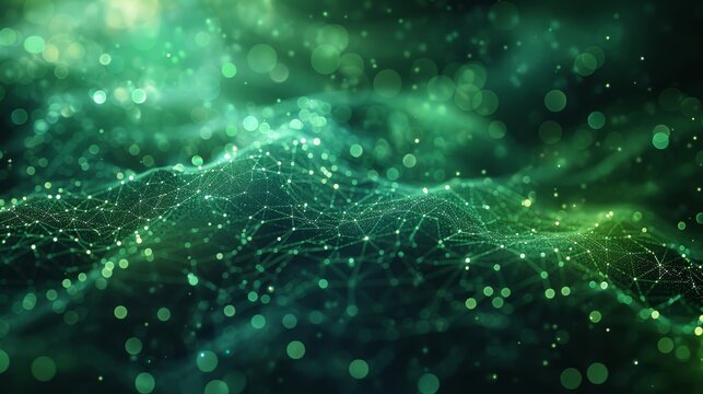 The technological background features a virtual grid in shades of blue and green, complete with interconnecting particles and an intricate cyber network.