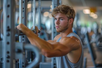 Fototapeta na wymiar Young man with focused expression working out at a cable machine in a gym