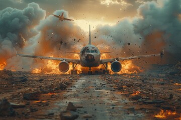 An intense image showing an airplane amidst flames and smoke, depicting a catastrophic explosion of an undefined accident - obrazy, fototapety, plakaty