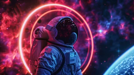 Poster Astronaut in a suit observing a portal-style neon circle in space with neon clouds in high resolution and high quality. wallpaper concept, astronaut,neon,portal,background,man © Marco