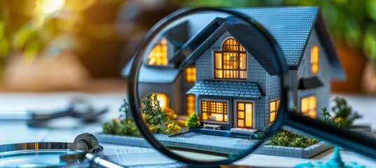 House model under magnifying glass represents exploration in the real estate market - obrazy, fototapety, plakaty