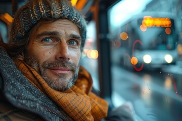A close-up portrait of a smiling man with a beard wearing a knitted winter hat on a bus with light bokeh