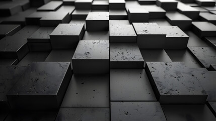 An abstract image showcasing a multitude of black, textured cubes spread out on a glossy reflective surface, creating a visually compelling pattern