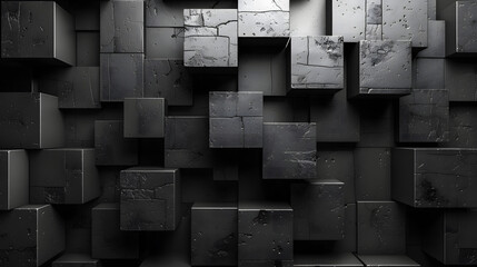 Striking image displaying a pattern of cracked black blocks with a play of light and shadow enhancing their texture - obrazy, fototapety, plakaty