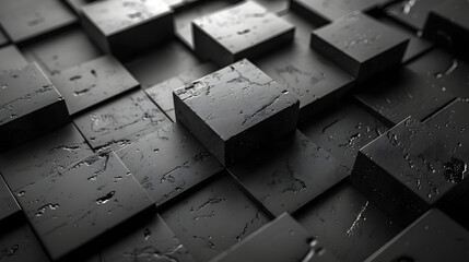 A visually striking image showcasing arranged black cubes with a wet and textured surface, depicting stark contrasts