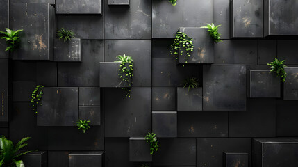 Black cubic blocks artistically interrupted by fresh green plants, signifying resilience and growth - obrazy, fototapety, plakaty