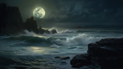 A dark luministic painting showing large waves crashing on a full moon coastline - obrazy, fototapety, plakaty