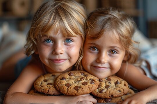 Pair of joyful children holding big chocolate chip cookies with beaming smiles and bright eyes