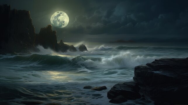A dark luministic painting showing large waves crashing on a full moon coastline