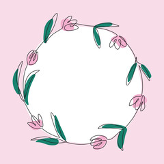 wreath of hand drawn tulip flowers in line art style, isolated vector illustration on pink background,template for greeting cards,invitation,social media posts,banner