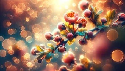 Close-Up Details of Flowers, Buds, and Leaves in Blurred Bokeh Background