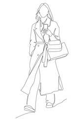 Woman in coat with shopping bag walking and using phone on the go. Continuous line drawing. Black and white vector illustration in line art style.