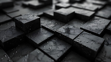 Moody dark cubic pattern with reflective raindrops capturing a moment of stillness and contemplation - obrazy, fototapety, plakaty