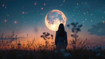 Woman gazing at a vivid full moon in night sky - A solitary woman stands amidst the wild, her gaze locked on a strikingly detailed full moon surrounded by stars on a clear night - obrazy, fototapety, plakaty