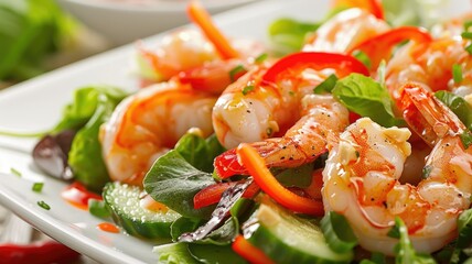 Close-up of prawns in a spicy salad dish - A close-up shot emphasizing the detail and freshness of prawns in a spicy and colorful garden salad with herbs