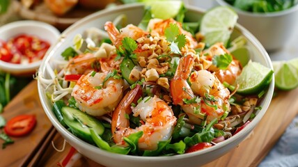 Shrimp pad thai with a colorful presentation - This mouth-watering shrimp pad thai is a feast for the eyes with its bright colors and garnishes set in a homely bowl