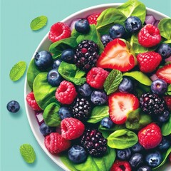 Berry medley on a bright green background - An assorted selection of fresh blueberries, raspberries, blackberries, and strawberries atop spinach leaves