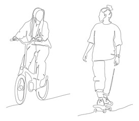 2 women talking and riding bicycle and skateboard. Looking at each other. Continuous line drawing. Black and white vector illustration in line art style.