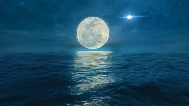 When night falls the atmosphere is beautiful in the middle of the sea with a full moon. seamless looping time-lapse virtual 4k video Animation Background.