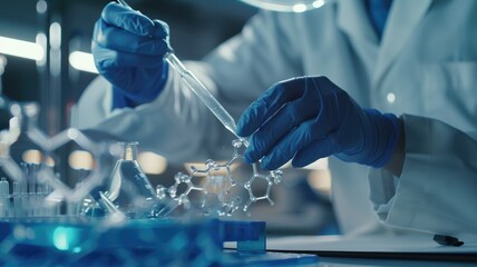 Scientist holding a molecular model in lab - A detailed view of a scientist analyzing a molecular structure model, showcasing scientific inquiry and discovery - obrazy, fototapety, plakaty