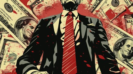 Illustrated businessman with blood splatter and money - Grunge illustration of a businessman among money, suggesting greed and corruption