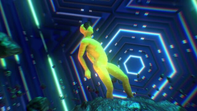 A surreal abstract looping sequence featuring a figure in a tight suit dancing on a floating rock formation, with meteors and pulsating neon lights.