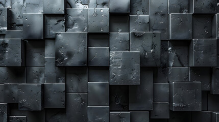 An intricate pattern of dark cubes with different surface textures, giving a moody, abstract feel