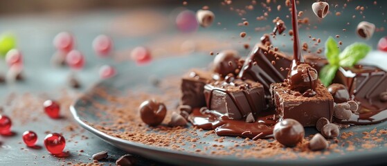 Deliciously unhealthy chocolate dessert focusing on indulgence and sweet temptation , vibrant - obrazy, fototapety, plakaty