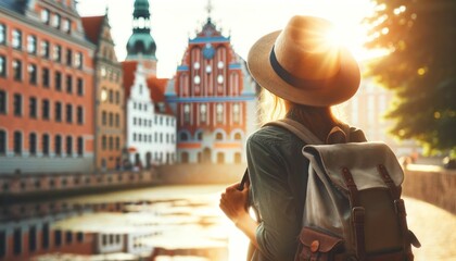 Tourist Woman with Hat and Backpack in Riga, Latvia. Wanderlust concept - obrazy, fototapety, plakaty