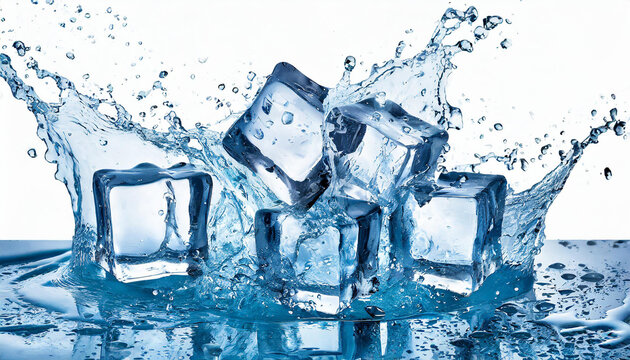 Ice cubes with water splash. Frozen water blocks. Blue tones. Isolated on white