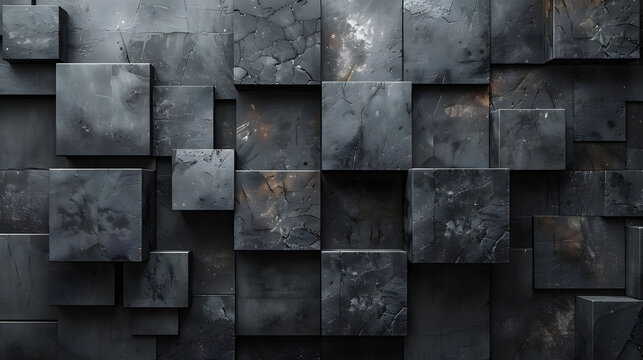 The image displays a wall with unevenly set monolithic black cubes, some with cracks and textures