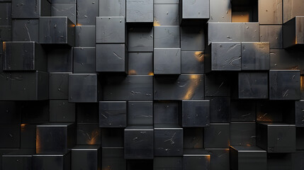 This visually striking image features a series of irregular black cubes with a textured surface creating a 3D effect