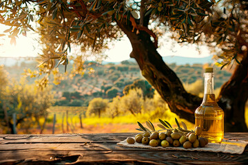 bottle with olive oil with olives and leaves on the wooden table under the olive tree. Copy space