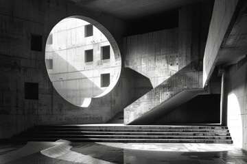 This monochrome photograph showcases the dramatic interplay of light and shadows in a brutalist architectural space