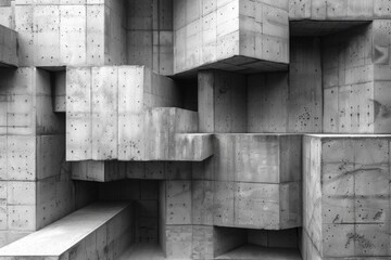 The image features a multidimensional perspective of a brutalist structure with intersecting lines and forms