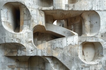 An artistic architectural image featuring concrete walls with a pattern of unique geometric shapes and voids