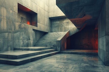 A concrete interior is dramatized with geometric shapes and an intriguing hint of red light