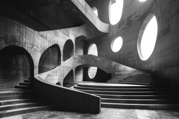 A mesmerizing shot of an architectural structure with circular windows and curved stairs in monochrome