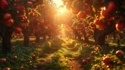 view of the apple orchard - obrazy, fototapety, plakaty