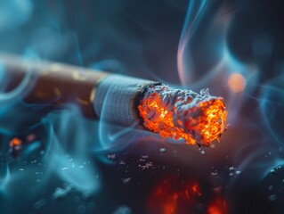 Filter tip of a cigarette with smoke swirling around emphasizing smoking dangers , vibrant - obrazy, fototapety, plakaty