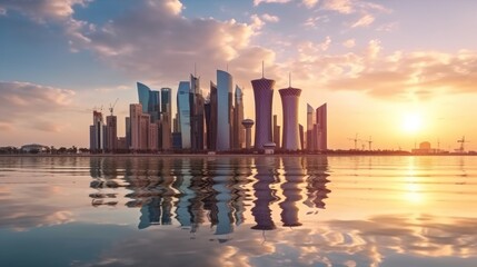 background image of qatar's capital city landmark during sunset. - obrazy, fototapety, plakaty