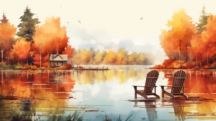 Fotobehang Autumn watercolor illustration of serene landscape with lake, colorful trees and chairs. © SULAIMAN