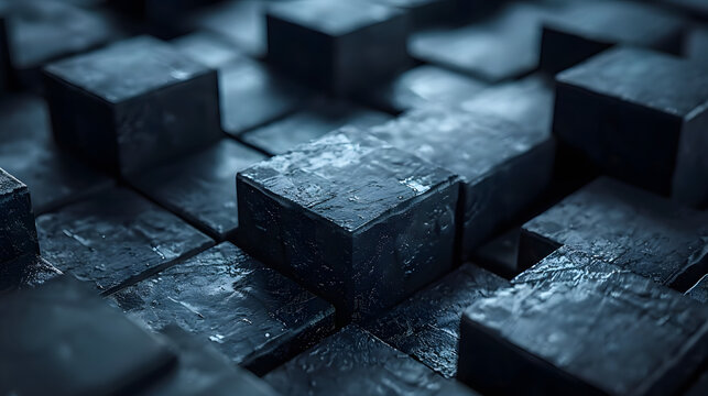 A detailed image highlighting the textures and patterns of metallic cubes with a cold color tone