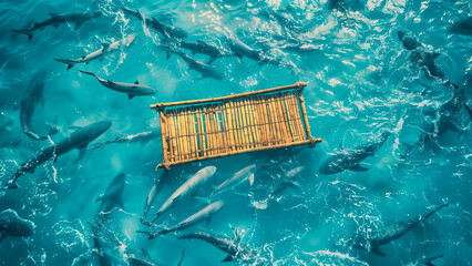 A wooden bamboo raft in the middle of the ocean surrounded by so many sharks