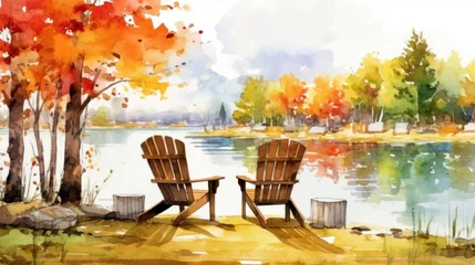 Foto op Plexiglas Autumn watercolor illustration of serene landscape with lake, colorful trees and chairs. © SULAIMAN